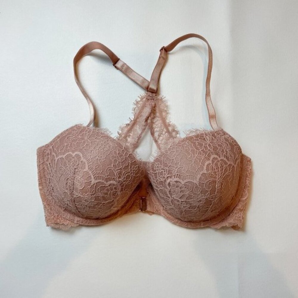 NWOT Victoria's Secret Bra 32DD Lined Demi Beige Floral Lace Front Closure
